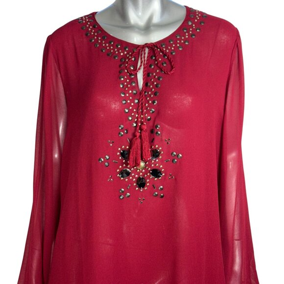 Diane Gillman Boho Sheer Red Tunic Beaded Rhinestone Embellishments & Tassel Tie - Picture 6 of 6